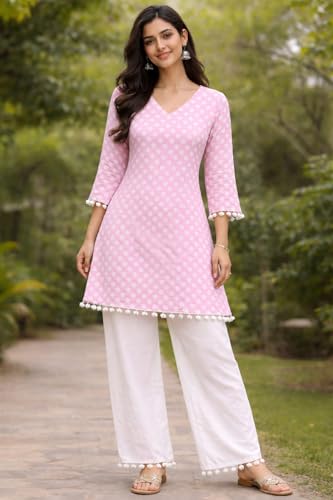 Image of Women Light Pink Polka Dotted Cotton Kurti | V-Neck, 3 /4 Sleeve, Pom-Pom Trim, A-Line Fit