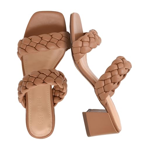 CUSHIONAIRE Onyx Chunky Heels for Women – Slip On Braided Sandals with Block Heel, Wide Widths Available, TAN 7.5