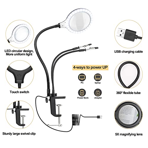 Magnifying Glass with Light and stand 3x Helping Hands soldering Magnifying Lamp with 28 Dimmable LED,Soldering Hand 3 Helping Arms Illuminated Reading Magnifier for Crafts,Reading,Sewing,Hobbies - Image 3