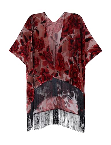 Image of MJ SERECA Women's Burnout Velvet Kimono Cardigan Cover Up with Tassel