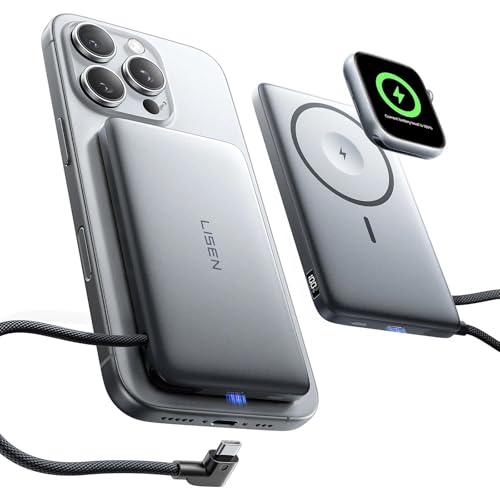 LISEN QI2 MagSafe Power Bank Slim Portable Charger Battery Pack Power Bank Dad Gift 15W Magsafe Charger USB C for iPhone 17-12 (Arc Fog/5000mAh) Arc Fog 5000 mah