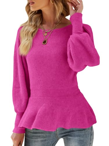 Image of Womens Fall Puff Sleeve Peplum Casual Slim Fit Knit Pullover Sweater Jumper Tops