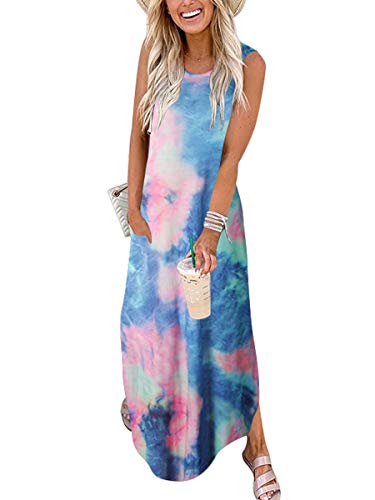 ANRABESS Women's Casual Sleeveless Crew Neck Dress Tie Dye Side Split Maxi Long Dresses Shirt Dress with Pockets A19lanlvfen-M