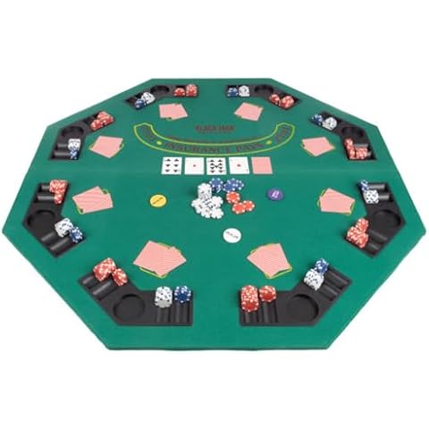 Folding Poker Table Top – 48-Inch Solid Wood Topper – Space for 8 Players – Blackjack Table with Built-In Cupholders and Chip Trays by Trademark Poker, Black,Green Cover