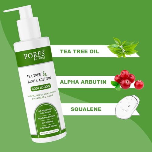 Image of PORES Be Pure Body Lotion with Tea Tree Oil, Alpha Arbutin & Plant-Based Squalane | Anti-Pigmentation & Tan Removal Moisturizer | Helps Reduce Fine Lines & Promotes Skin Tightening | No Parabens & Silicone - For All Skin Types ( 250 ml )