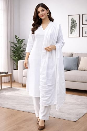 Image of Women's Pure Cotton White plain Salwar Suit | solid Coord Set with Duppatta