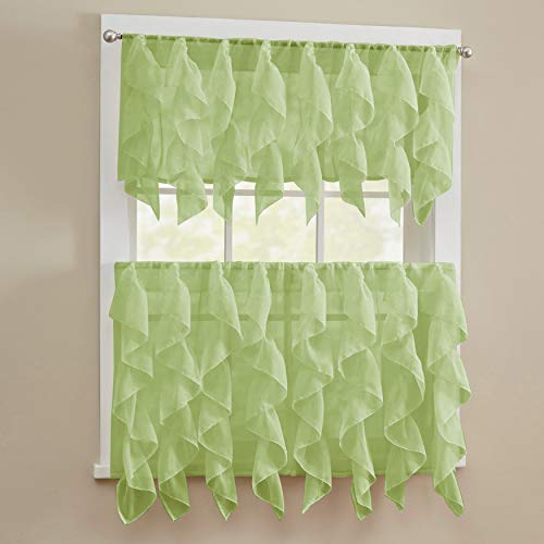 Image of Sweet Home Collection 3 Piece Kitchen Curtain Set Sheet Vertical Cascading Waterfall Ruffle Includes Valance & Choice of 24 inch or 36 inch Teir Pair, Tier, Sheer Sage
