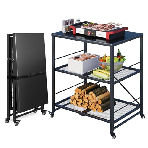 YODOLLA Desserte Plancha Exterieur, Desserte Jardin, Chariot de Barbecue 3 Niveaux,Table Pliable en Acier Inoxydable sur roulettes, Chariot de Repas Jardin et...