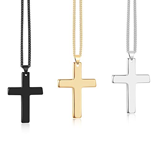 Cross Necklace,LE-SEKAI 3PACK Stainless Steel Cross Pendant Necklace Adjustable Unisex Cross Charm Mirror Polished Cross Chain Necklace Plain Birthday Valentine Gift for Man & Woman  Silver Black Gold