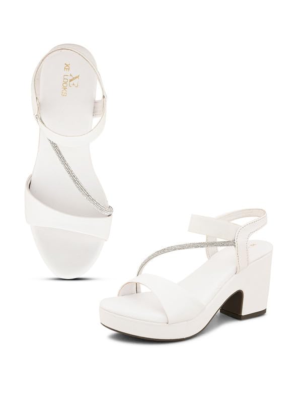 XE Looks Womens Fashion Sandals | Attractive and Stylish White Block Heel With Ankle Straps (B0D3GXCFMQ) Amazon Price History, Amazon Price Tracker