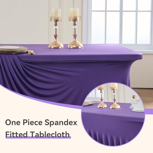 Image of Outpain Deep Purple Spandex Table Clothes for 6 Foot Rectangle Tables-6Pack 6FT Spandex Fitted Table Cover, Wrinkle Free Tablecloths with Skirt for Parties, Wedding, Birthday, Banquet, Festival