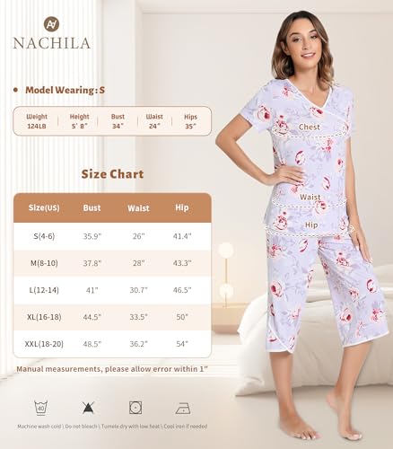 Image of NACHILA Bamboo Viscose Pajamas for Women Lace V Neck Capri Pants Pjs Set