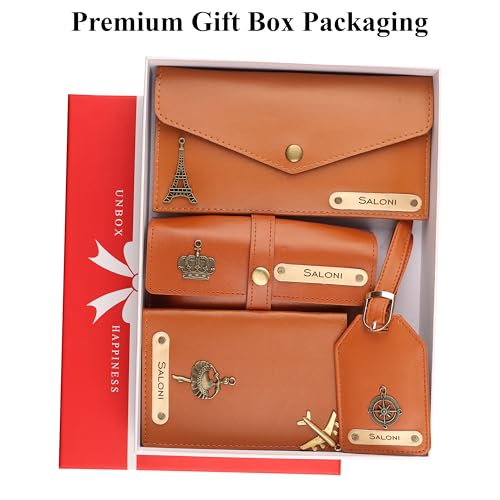 Image of AICA Personalised Name & Charm Womens Leather Combo Gift Set (Tanbrown) | Gifts for Women| Customised Gift Hamper for Woman