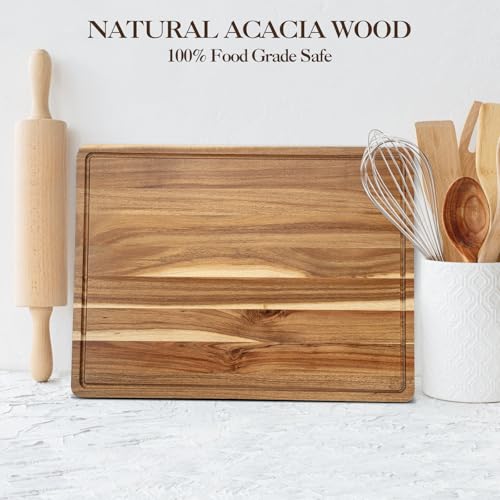 Tabla de Cortar Extra Grande de Madera de Acacia, 62 x 47 x 4,5 cm, con Ranura para Jugos y Asas, Ideal para Carnes, BBQ y Charcutería miniatura 2