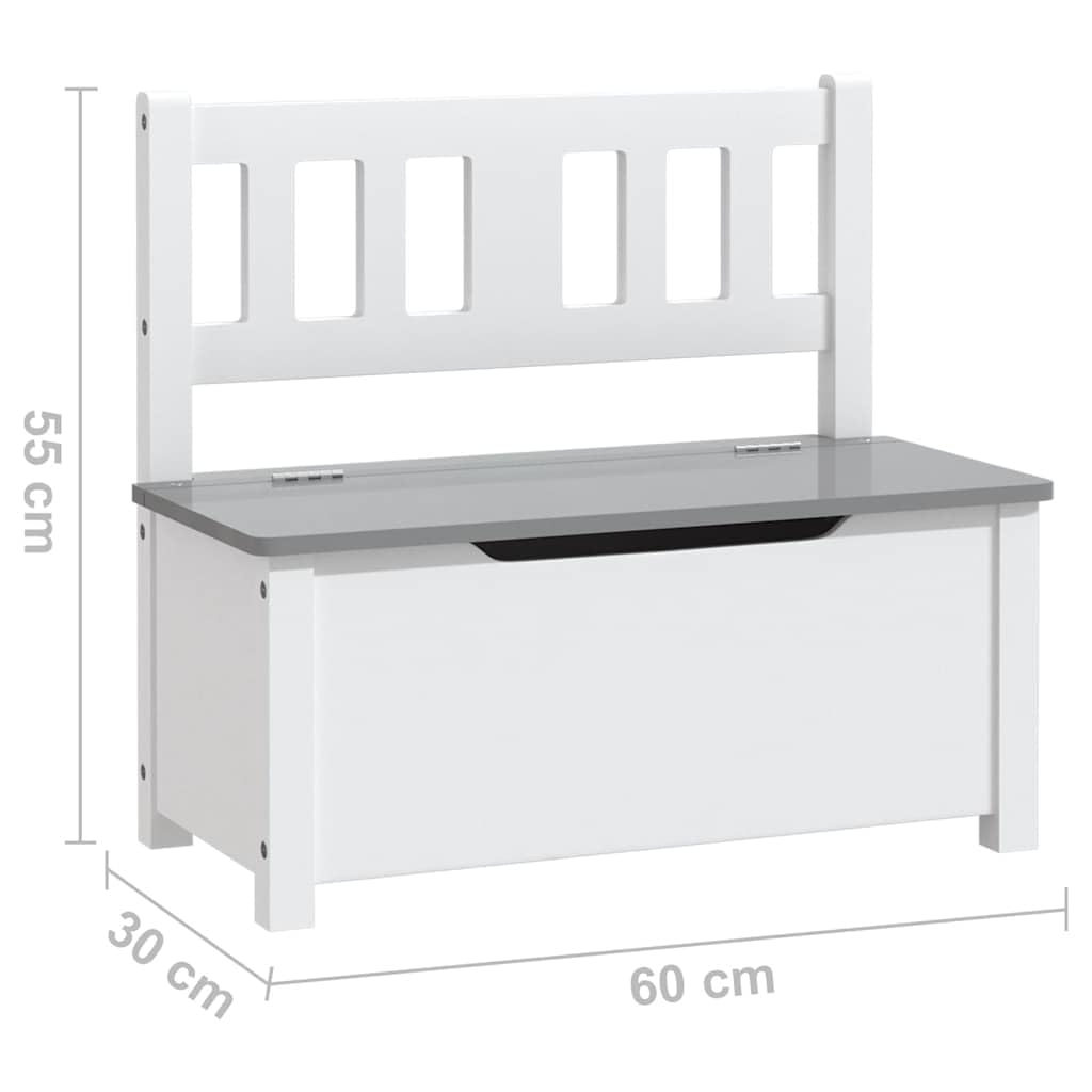 Kinderbank mit Stauraum Weiß Grau aus MDF 60x30x55 cm Sitzbank mit Truhe für Kinderzimmer Babyzimmer Aufbewahrung Spielzeug Ordnung