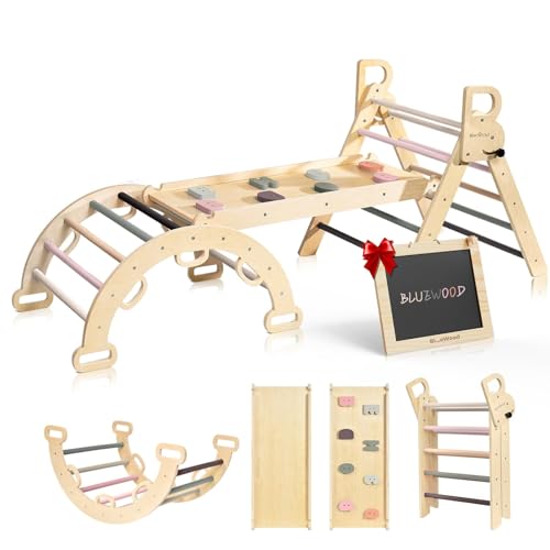Image of BlueWood Pikler Triangle Set, Foldable Wooden Toddler Climbing Toys Indoor Playground Jungle Gym Montessori Philosophy Climber for 2-6 Years Old, Baby, Kids (Mauve Pink)
