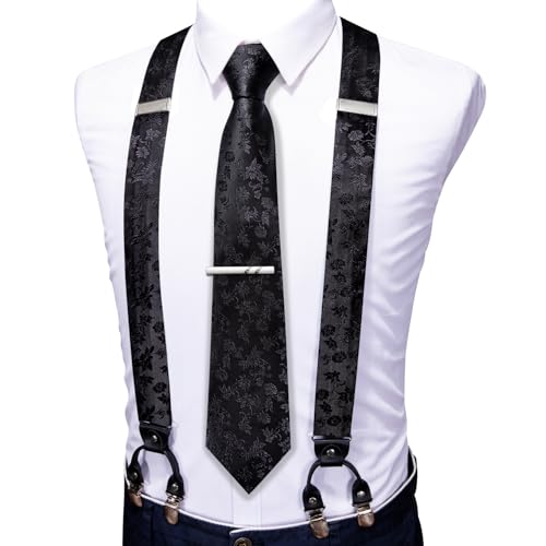 Image of Barry.Wang Men Suspender Set with Necktie Elastic Y Type Heavy Duty 6 Clips Braces Tie Handkerchief Cufflink Pin 6PCS