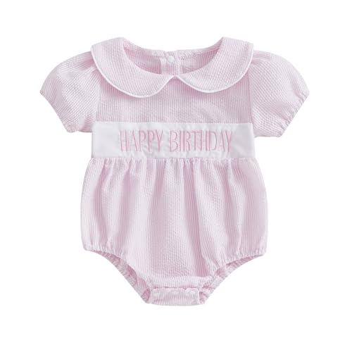 Baby Girls Birthday Bubble Romper Cap Sleeve Cake Embroidery Smocked Ruffle Bodysuit Outfits