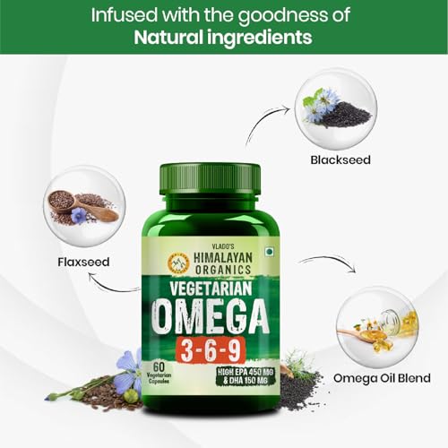 Image of Vlado's Himalayan Organics Vegetarian Omega 3 6 9 2000mg - Plant Based Essential Fatty Acids Supplement for Heart, Joint, Muscle & Skin Health - No Burps, Fish Free - 60 Veg Capsules (Pack of 3)
