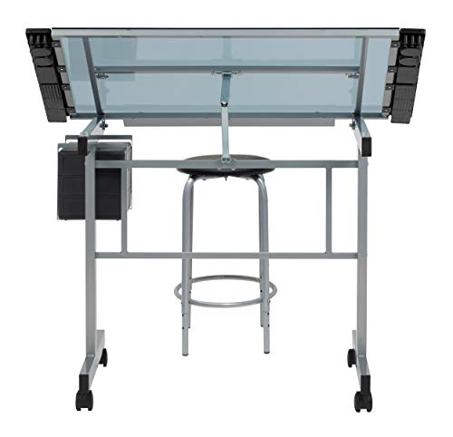 Sd Studio Designs Studio Designs 2 Piece Vision Modern Metal Hobby, Craft, Drawing, Drafting Table, Mobile Desk With 40.75" W X 25.75" D Angle Adjustable Top In Silver/Blue Glass #TOP7