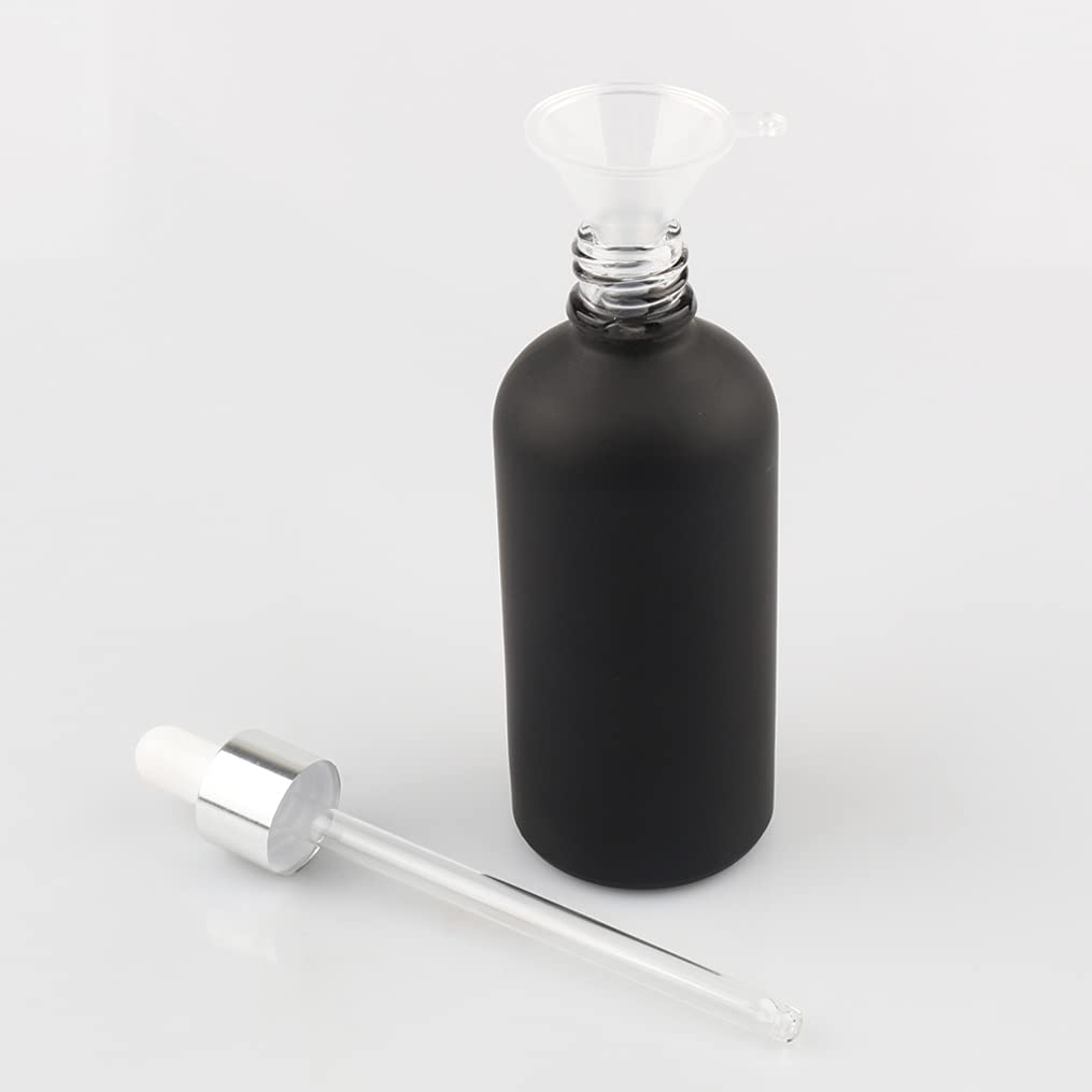 Sprühflasche aus Kunststoff, 12er-Pack, 100 ml, leer, mattiertes schwarzes Glas, Tropfer mit silbernem Schraubverschluss für ätherische Öle, Aromatherapie-Mischungen, Ko