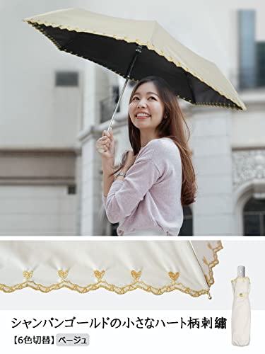 日傘 レディース 1級遮光 UVカット100％認証 熱中症対策 折りたたみ傘 ワンタッチ コンパクト 耐風 撥水 晴雨兼用 自動開閉 携帯便利 オシャレ 刺繡 母の日 (ベージュ) [2]