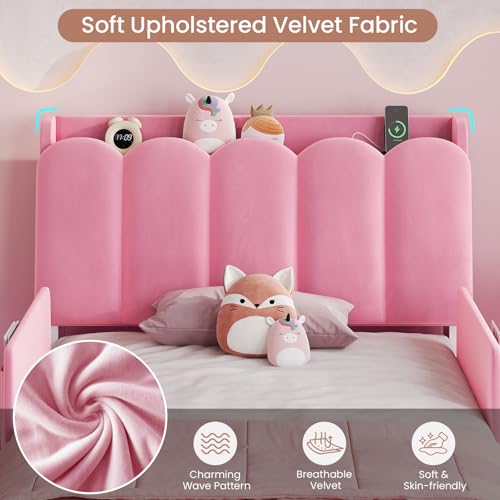 Image of DICTAC Twin Size Princess Bed Frame with Storage Drawer and Safety Guardrails, LED Velvet Upholstered Platform Bed for Girls with Wavy Storage Headboard,Charging Station,Heavy Duty Metal Support, Pink
