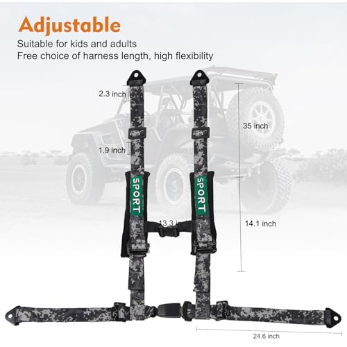 Image of 4 Point Harness Seat Belt With Padding Heavy Duty Buckle Upgraded 3 Inch Black Straps UTV Harness 4 point Universal Adjustable for Kids and Adults Easy Install, Camouflage