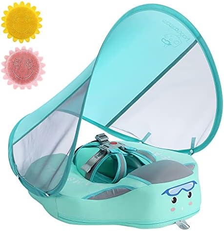Baby Pool Float with Canopy UPF 50+, Non Inflatable Mambobaby Float, Baby Floaties for Infants Swimming Training, No Flip Over Baby Swimming Float (Green)