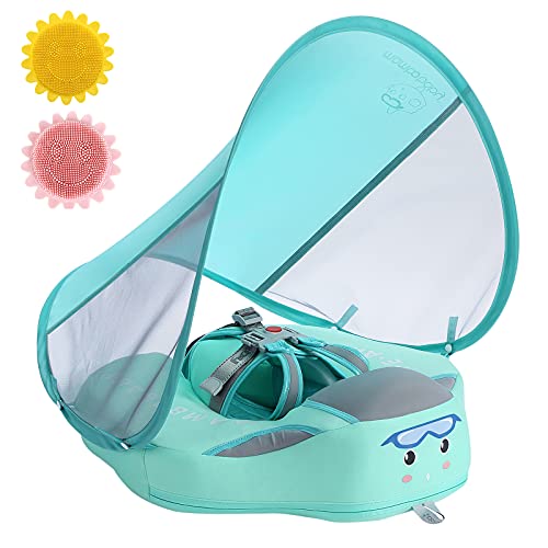 Baby Pool Float with Canopy UPF 50+, Non Inflatable Mambobaby Float, Baby Floaties for Infants Swimming Training, No Flip Over Baby Swimming Float (Green)