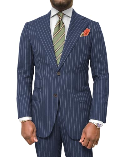 Wangyue Men's Slim Fit Navy Blue Pinstripe Suit, 2 Piece Suit for Formal Business, Wedding, Prom, Adult Men, Large