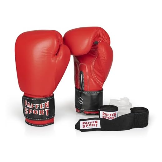 PAFFEN SPORT «Advanced» Box-Bundle, «KIBO Fight» Boxhandschuhe, rot, 10UZ.; «Allround» Bandage schwarz, 3,5 m; «Allround» Zahnschutz, transparent, ohne Mint
