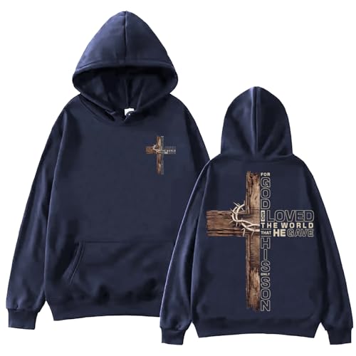 Image of TONGCHEN For God So Loved The World Sweatshirt for Women Christian Religious Hoodie (US, Alpha, Large, Regular, Regular, Navy Blue)