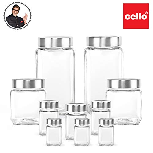 Image of CELLO Qube Fresh Glass Storage Jar for Kitchen Set of 10 Pcs (180 x 3, 300 x 3, 580 x 2, 1000 x 2) Transparent | Leadfree Toughened Glass Kitchen Storage Jars Set For Beans, Whole Grains, Dry Fruits