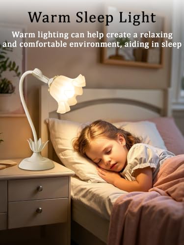 Image of Flower Table Lamp,Bedside Table Lamp for Bedroom LED Reading Light 3 Color Modes,Vintage Flower Lamp Kawaii Table Lamps Desk Living Room Home Decor Mothers Day Birthday Gifts for Mom Women(White lamp)