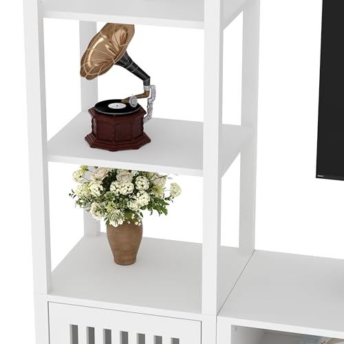 Image of Farmhouse Rustic TV Stand for TVs Up to 70 Inch, Entertainment Center with Bookshelves & Storage Cabinet, Multi-Purpose Media Console for Living Room or Bedroom