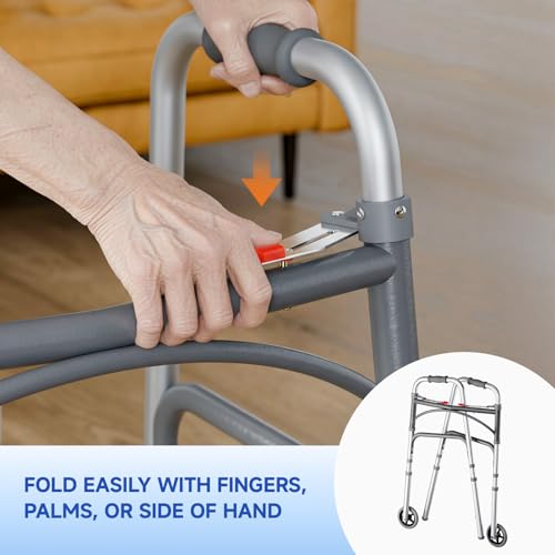 Image of Loyoda Foldable Walker with Tray，Lightweight Folding Walker with 5 inch Wheels Height Adjustable Aluminum Standard Walkers for Seniors up to 350 lbs (Silver-0)