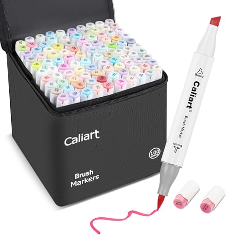 Caliart Pastel Alcohol Markers Brush Tip 100 Colors Dual Tip Coloring Marker Pen Set Brush & Chisel Art Supplies Gift for Adults Coloring Book Artists Sketch Drawing Illustration
