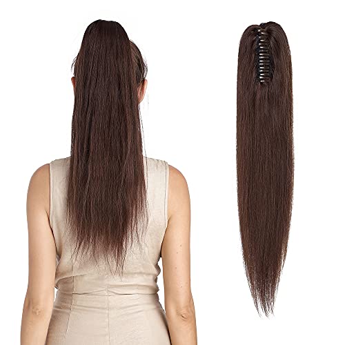 100% Remy Human Hair Ponytail Extensions Thick Claw/Jaw Clip Ponytails Hairpiece 105g One Piece Long Straight Pony Tail Extension for Women Girl Lady 16 Inch #02 Dark Brown