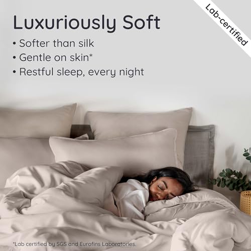 Image of Bambaw 3pcs Set - 100% Viscose Derived from Bamboo Duvet Cover Queen Size Set, Duvet Cover Cooling for Hot Sleepers, Super Soft & Breathable, Oeko-TEX Standard 100 Certified, No Comforter (Sand)