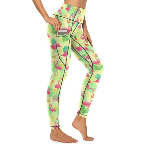 MSOKAZZLES Pink Flamingos High Waisted Exercise Yoga Pants for Women Running Sports Workout Yoga Leggings with Pockets M