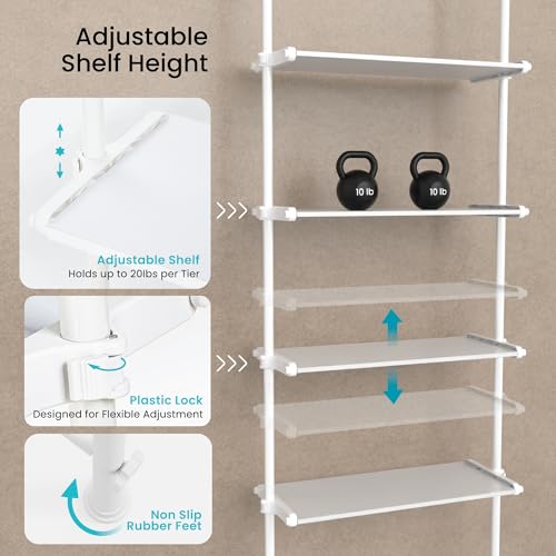 Image of Home Zone Living Over-the-Toilet Organizer Bathroom Storage Organizer | Tension-Mounted Design with Adjustable 4-Tier Shelves, for Ceilings 91 inch to 114 inch High, White