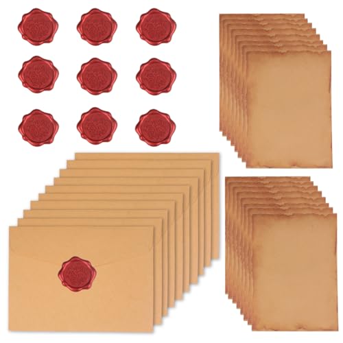 Papel de Carta Vintage   Kit con 16 Hojas de Papier Vintage, 10 Enveloppe Kraft y 10 Sellos de Cera   Para Invitaciones de Bodas, Tarjetas de Cumpleaños y Felicitaciones
