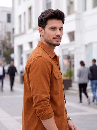 Image of Amazon Brand - INKAST Men's Cotton Blend Button Down Shirt | Long Sleeve Casual Lightweight Breathable Collared Shirts | Soft Comfortable Everyday Wear |Two Flap Chest Pockets |Using like Jacket Shirt