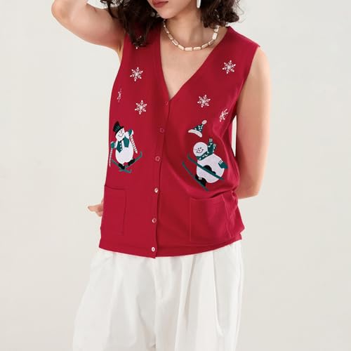 Image of Women Christmas Knit Vest Top Santa Embroidery Sleeveless Button Down Sweater Vest Xmas Snowman Cardigans Tank Top