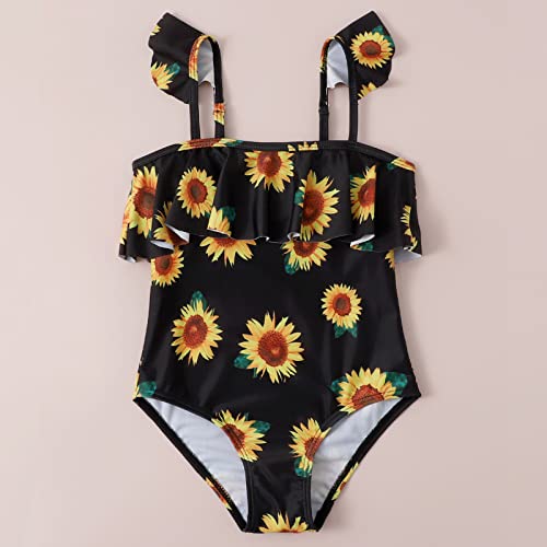 Kids Girls One Piece Sunflower Swimsuit Spaghetti Strap Ruffles Swimwear 7 to 14 Years Teens Preppy Girls Swim3