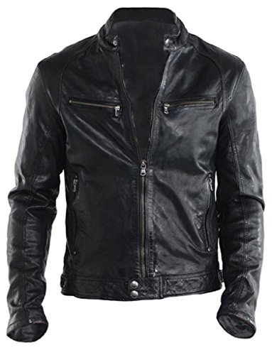 The Leather Factory Men's Genuine Lambskin Leather Biker Jacket Adjustable Hem XL Black