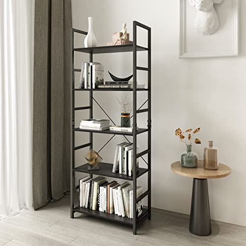 DAWNYIELD Bibliothèque industrielle à 5 niveaux en bois - Étagère de rangement moderne pour chambre à coucher, salon, bureau - Noir Cover