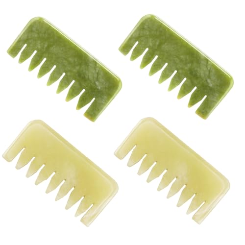 DEARMAMY Peines de Masaje de Jade Naturales 4 Unidades 2 Amarillo 2 Verde para Cuero Cabelludo Herramienta Portátil Gua Sha para Relajación Estimulación Circulatoria y Cuidado Capilar