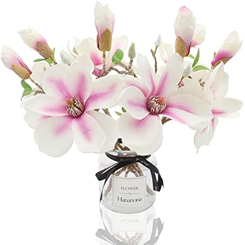 Hananona 6 Pcs Artificial Magnolia Flower Bridal Wedding Bouquet Cloth Plastic Fake Wedding Flower Bouquet for Wedding Party Home Bridal Hydrangea Decor Anniversary (6, White and Light Purple) Cover